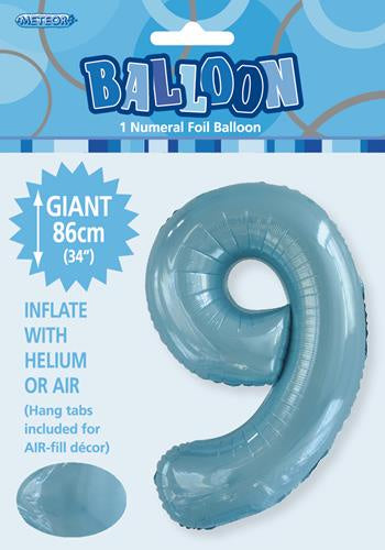 Giant Light Blue Number 9 86cm 34” Foil Balloon